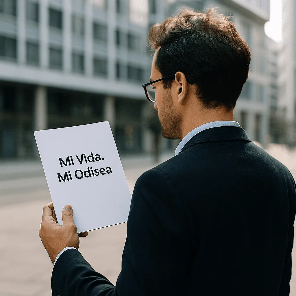 Hombre de espaldas en la cima de una montaña al amanecer, sosteniendo un papel que dice “Mi Vida. Mi Odisea”, simbolizando un viaje personal de autodescubrimiento y cambio profesional.