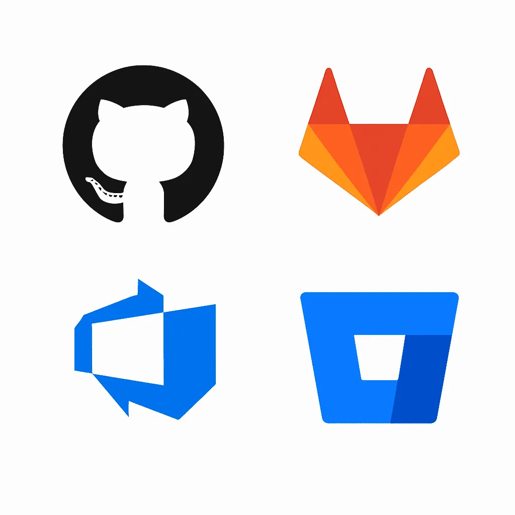 Logos de GitHub, GitLab, Azure DevOps y Bitbucket comparados en una guía sobre pull requests y revisiones de código para desarrolladores