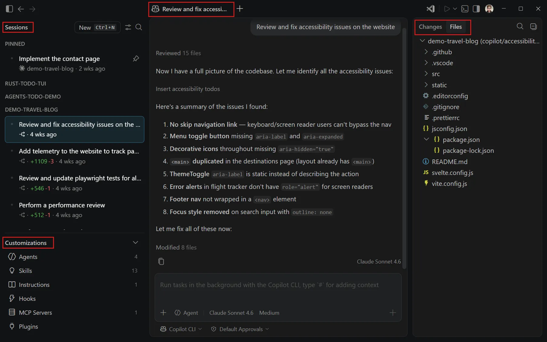 The Agents window interface showing the sessions list (left sidebar), customizations panel (below sessions), chat area (center), and changes panel (right).