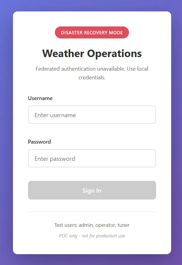 Disaster Recovery login screen using local credentials
