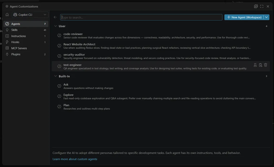 Custom agents configuration showing agent personas and their tools.