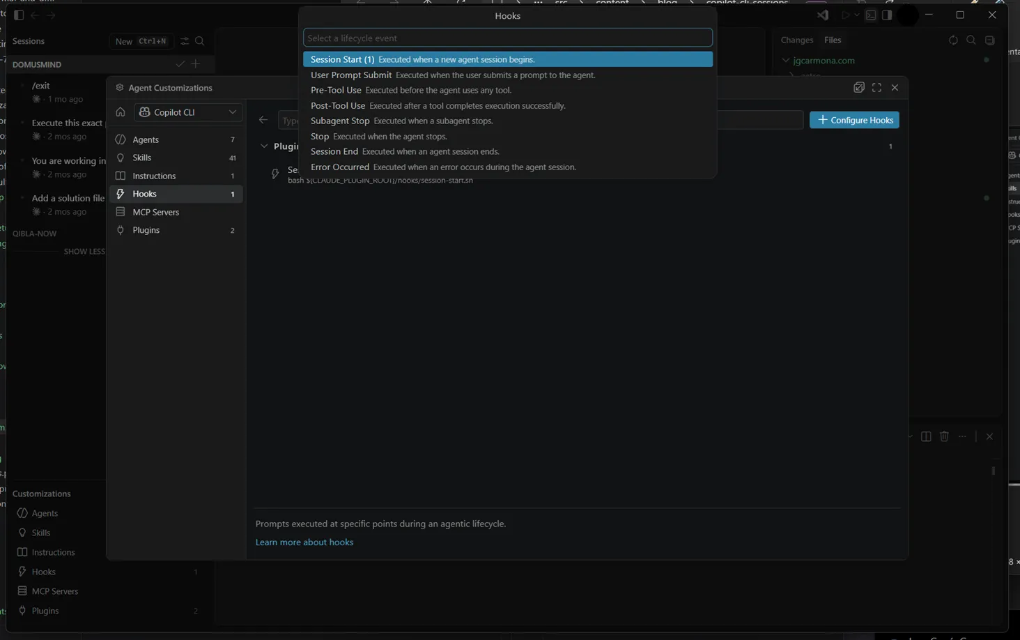 Hooks configuration for lifecycle shell commands.