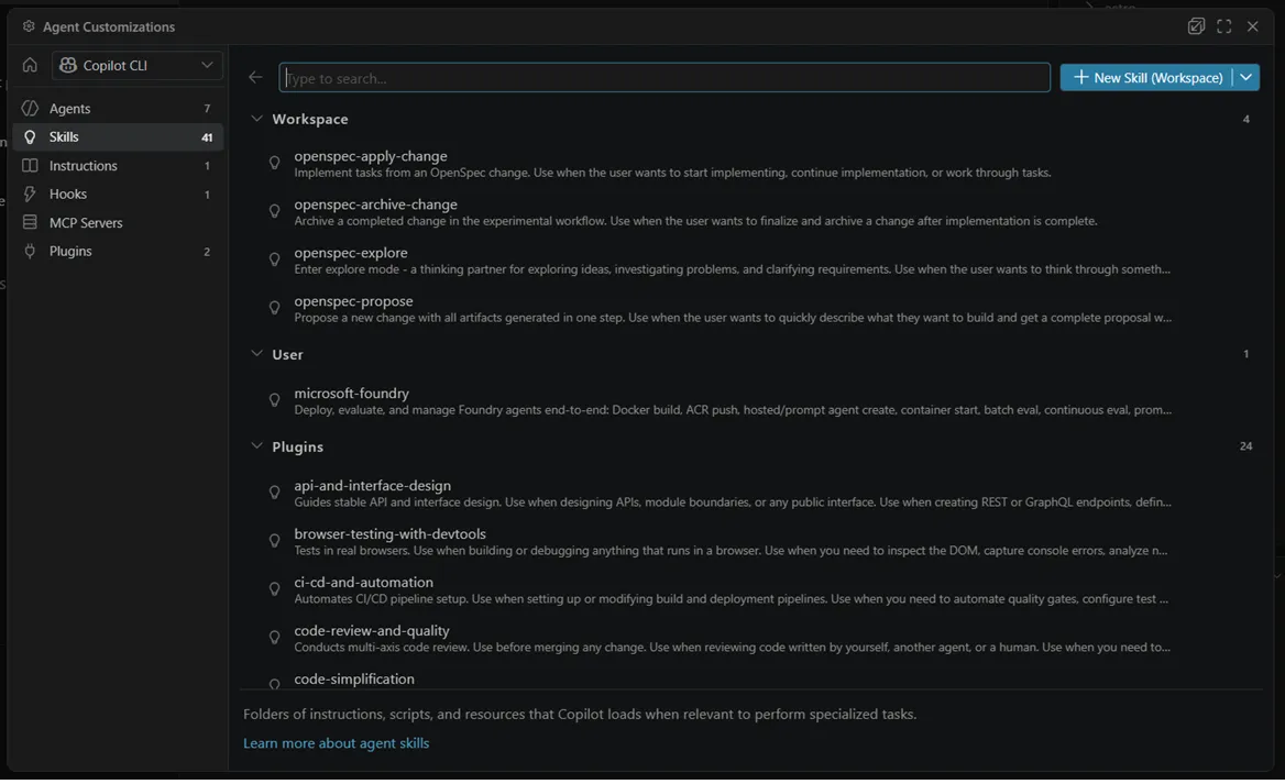 Skills configuration showing installed skill folders.
