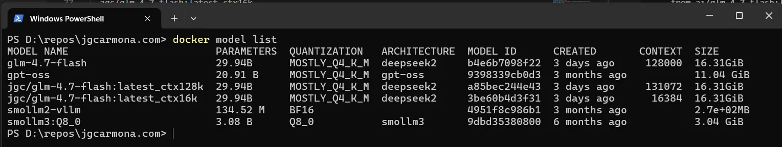 Docker Model Runner models listing showing both variants
