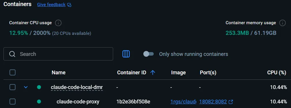 Docker Desktop showing running containers