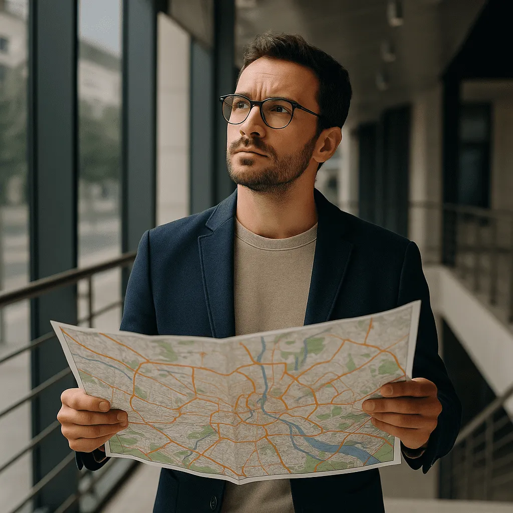 Hombre joven con gafas mirando al horizonte mientras sostiene un mapa, simbolizando la búsqueda de dirección y propósito en su vida profesional.