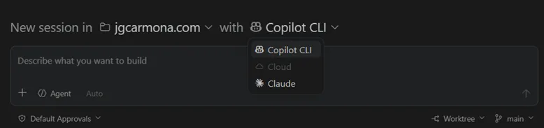 Agent harness selector showing Copilot CLI, Copilot Cloud, and Claude options.