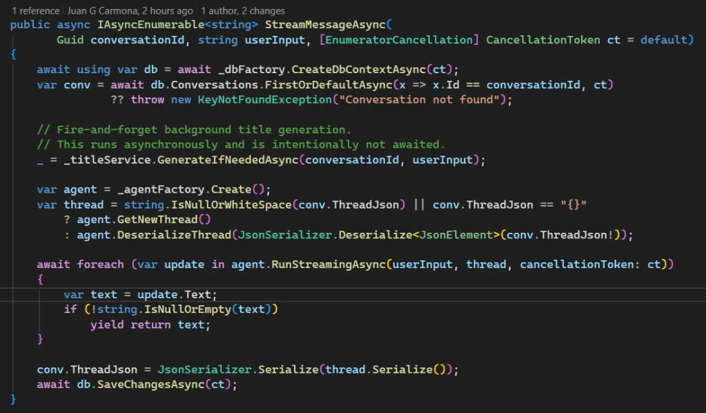 Code example from StreamMessageAsync in Microsoft Agent Framework showing streaming chat responses and fire-and-forget title generation using Entity Framework Core.