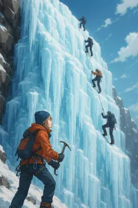 Imagen representando Waterfall+Agile, Waterfall como cascad de hielo, rígida, y agile, a un equipo de escaladores ascendiendo rápido hacia la cumbre.
