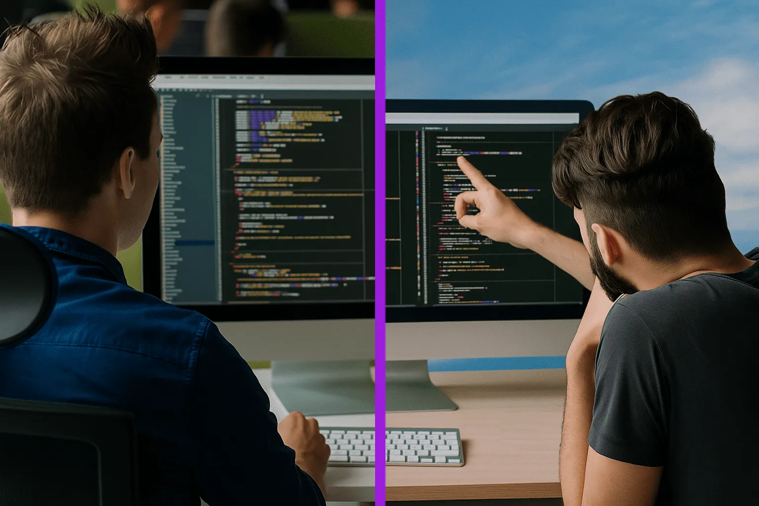 Dos desarrolladores colaborando en remoto sobre el mismo código fuente, revisando un pull request en pantalla dividida.