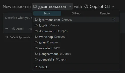 Repository and workspace selector when starting a new session.