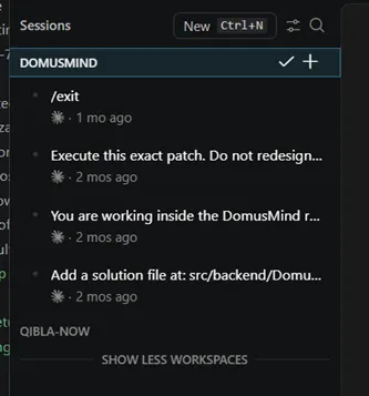 Sessions panel showing active and past sessions across workspaces.